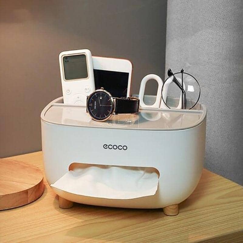 Multifunction Tissue Box Cover Holder with Top Storage Tray - White