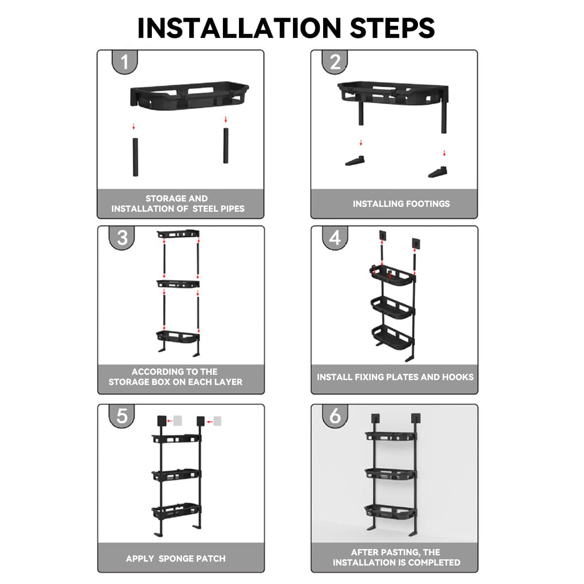 Multifunctional Bathroom Storage Rack Rustproof PP for Shampoo, Soap and Towels - Black - view 5