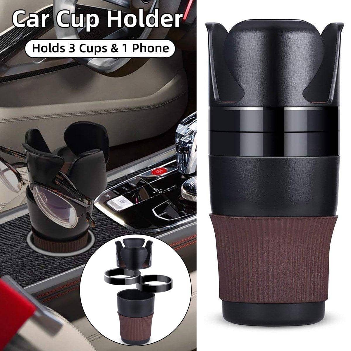 Multifunctional Car Cup Holder and Storage Organiser, Black