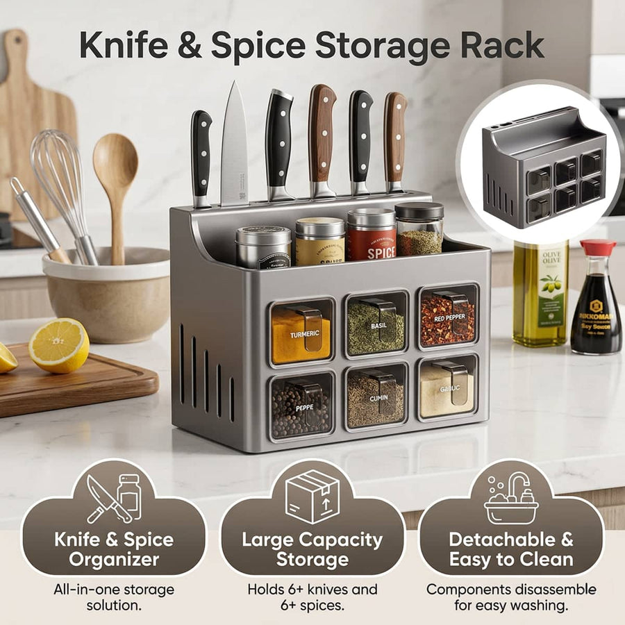 Multifunctional Kitchen Spice Rack Organiser with Knife Holder, Wall or Countertop