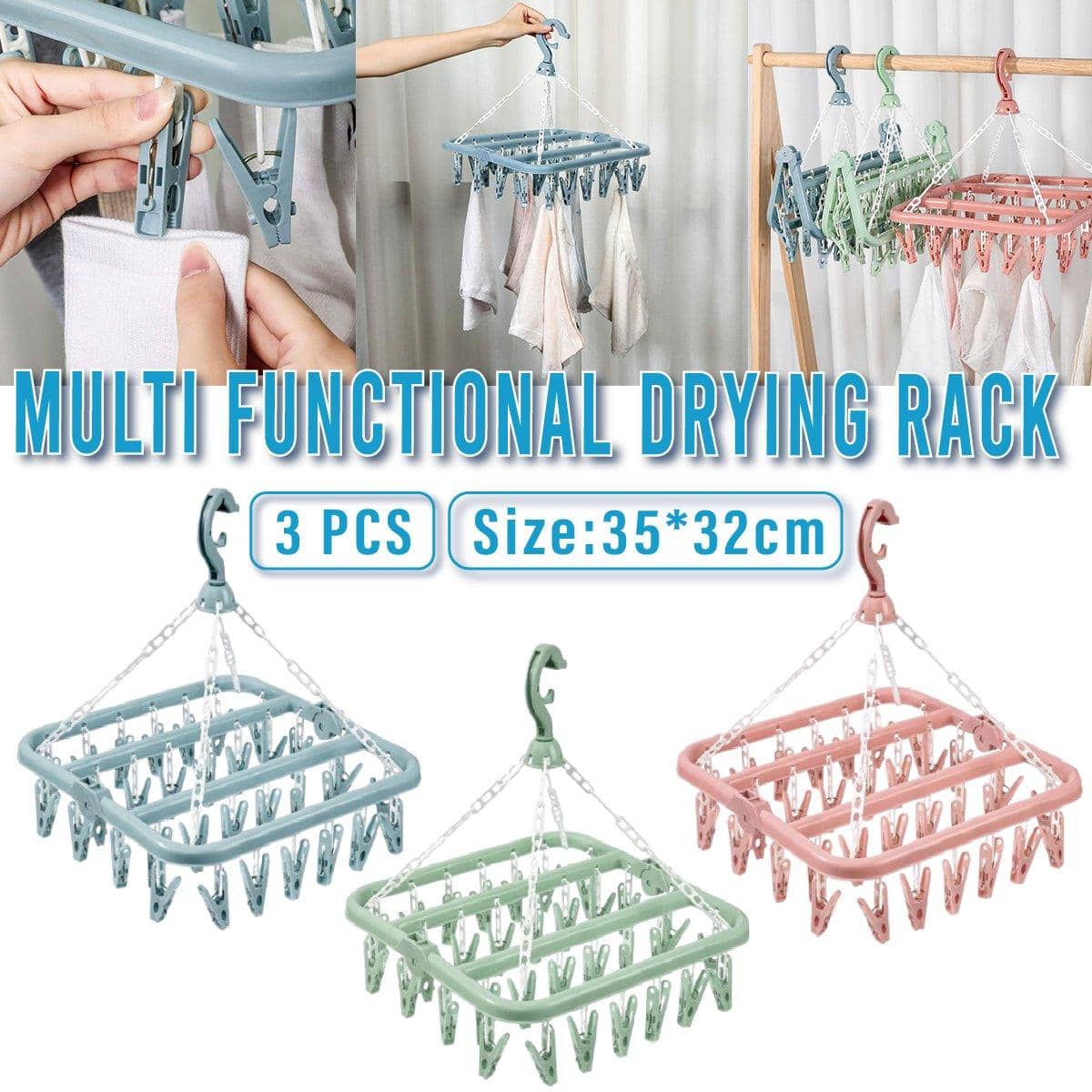 Multifunctional Plastic Clothes Drying Rack with Clips, Pack of 3