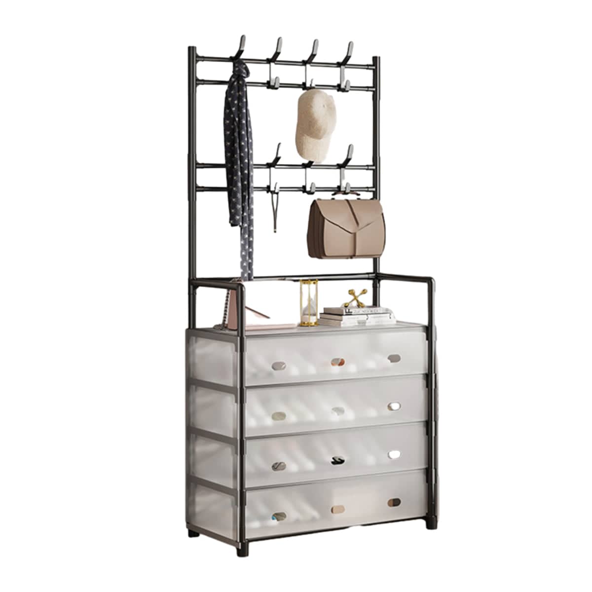 Multifunctional Shoe Rack with Hooks and Drawers - Black