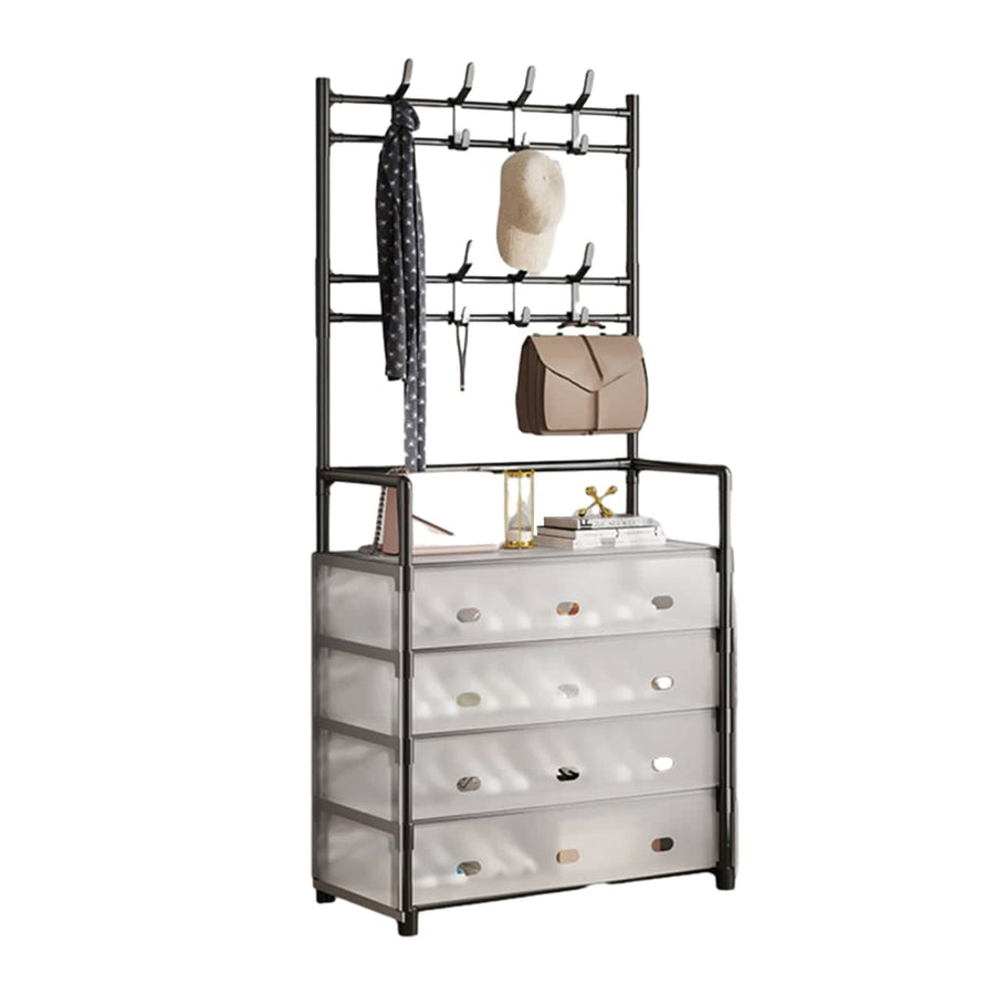 Multifunctional Shoe Rack with Hooks and Drawers - Black