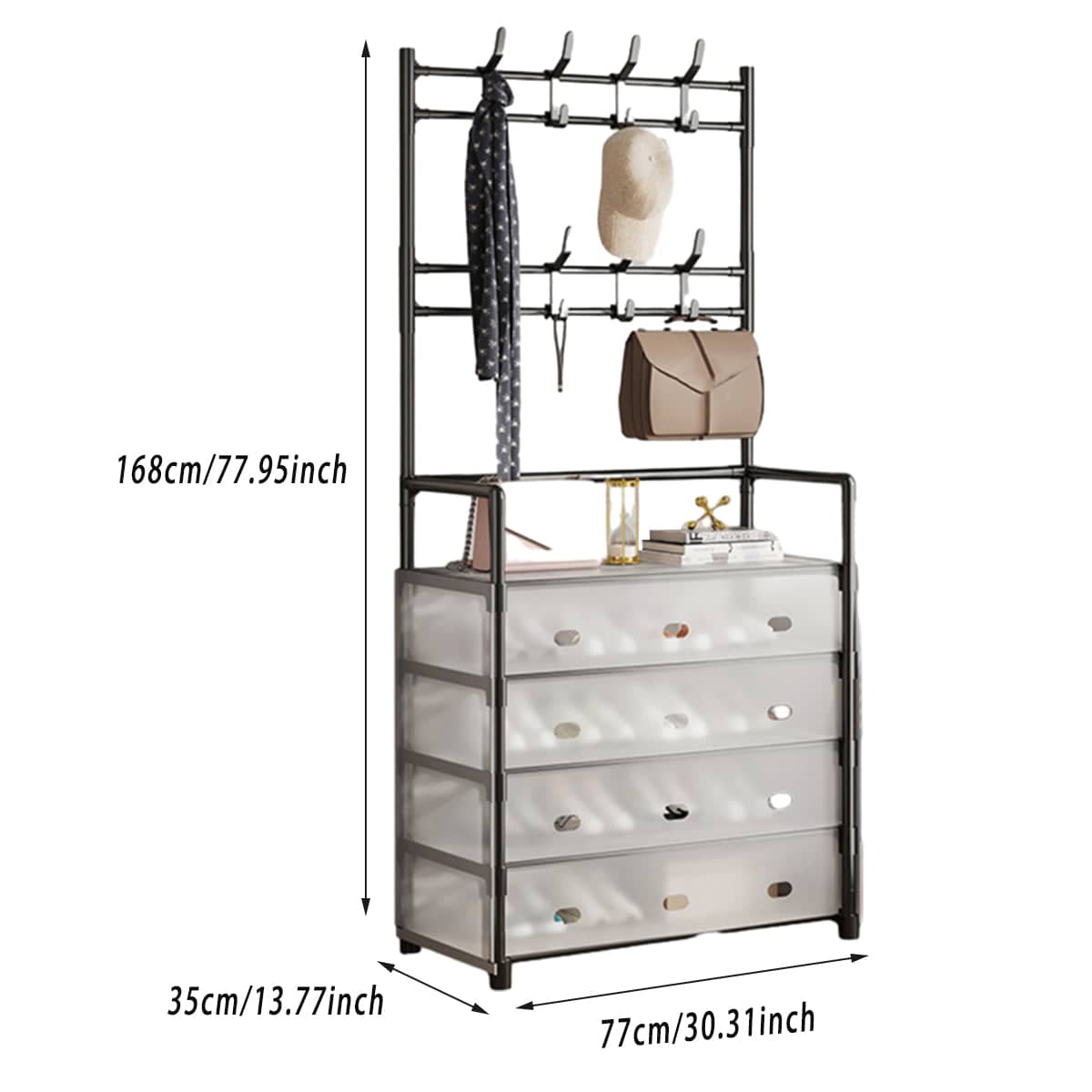 Multifunctional Shoe Rack with Hooks and Drawers - Black - view 4
