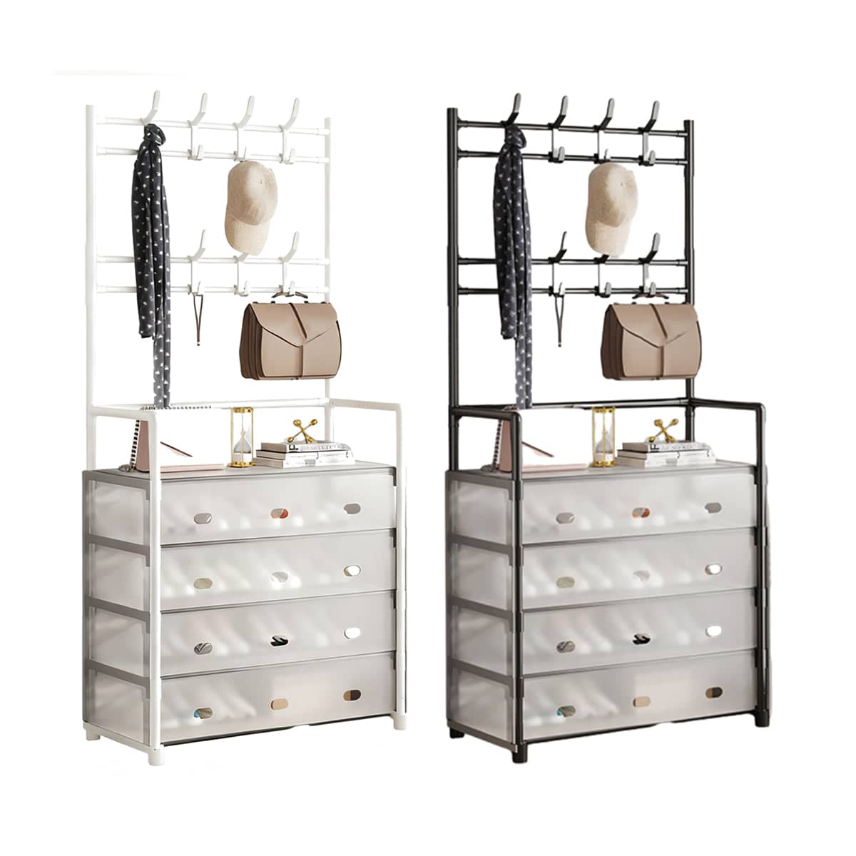 Multifunctional Shoe Rack with Hooks and Drawers - White - view 3