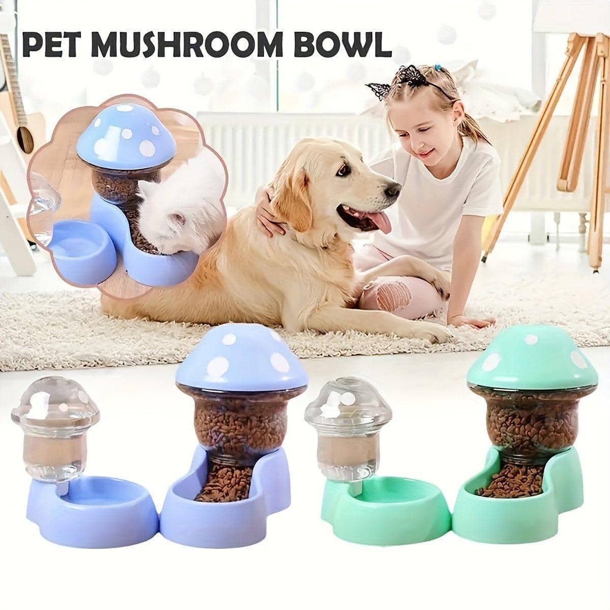 Mushroom Pet Food and Water Dispenser Set for Cats and Dogs - Light Blue - view 2