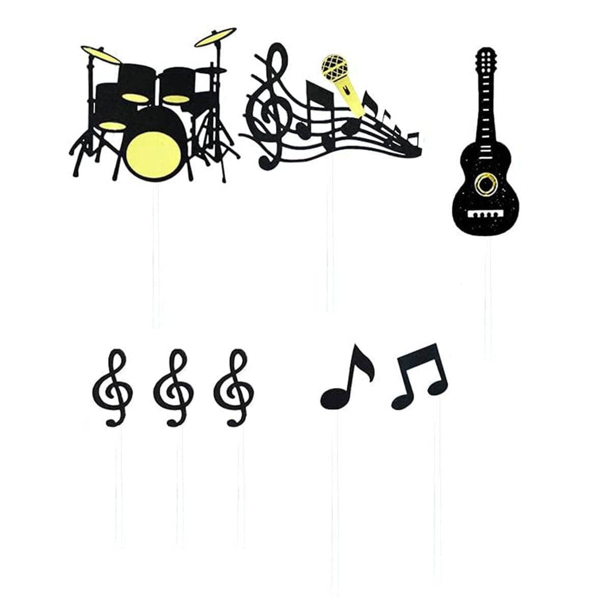 Music Themed Cake Topper Set, 8 Pieces - Drum Kit, Guitar and Music Notes