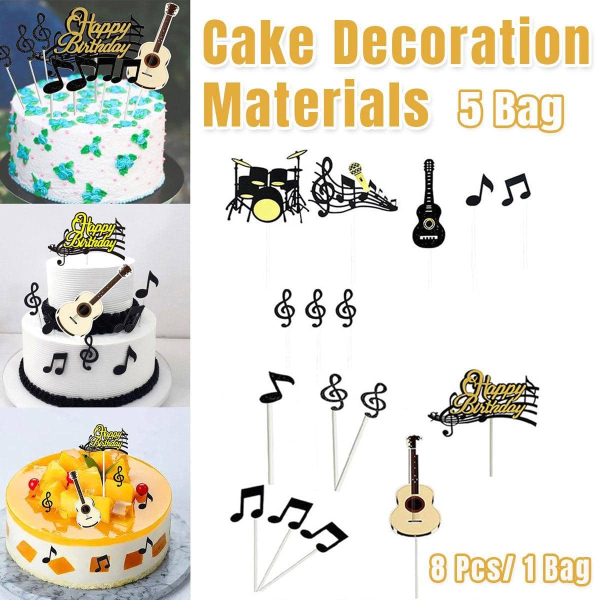 Music Themed Cake Topper Set, 8 Pieces - Drum Kit, Guitar and Music Notes - view 2