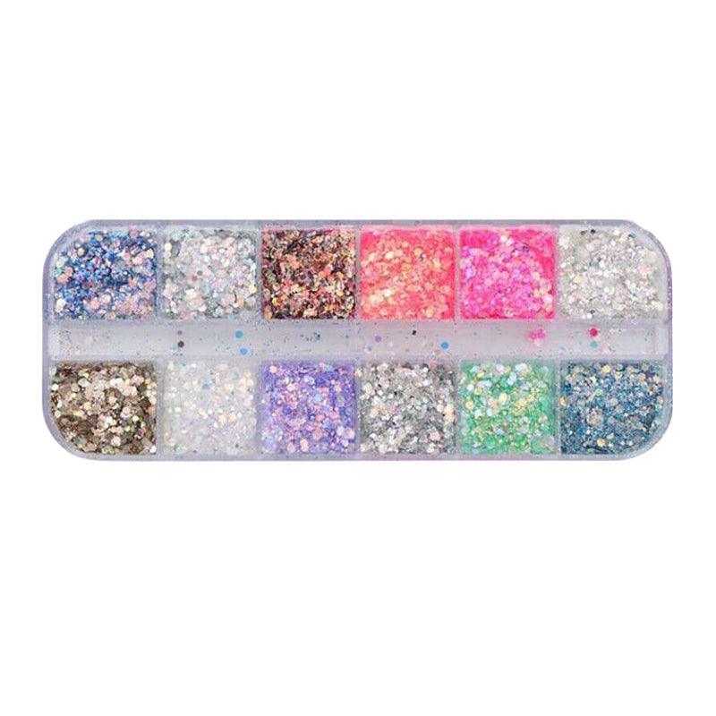 Nail Art Laser Flakes in a 12-Compartment Set