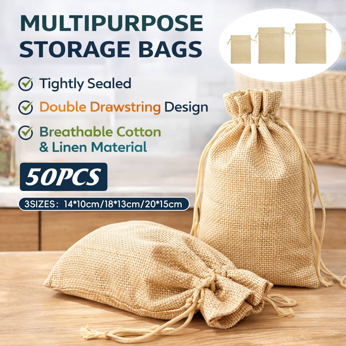 Natural Jute Burlap Drawstring Bags, 50 Pack - 18 x 13 cm - view 2