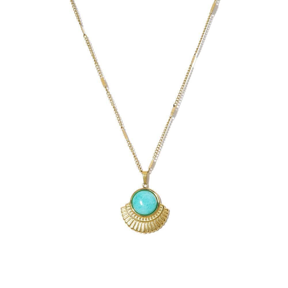 Natural Stone Pendant Necklace - Aqua Round Stone, Gold Fan Edge