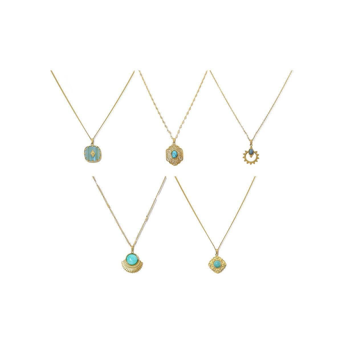 Natural Stone Pendant Necklace - Aqua Round Stone, Gold Fan Edge - view 3