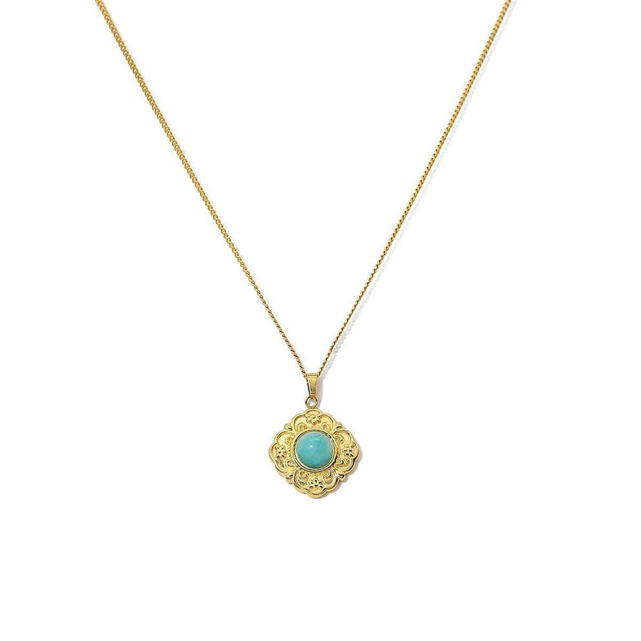 Natural Stone Pendant Necklace - Aqua Round Stone, Gold Flower Setting