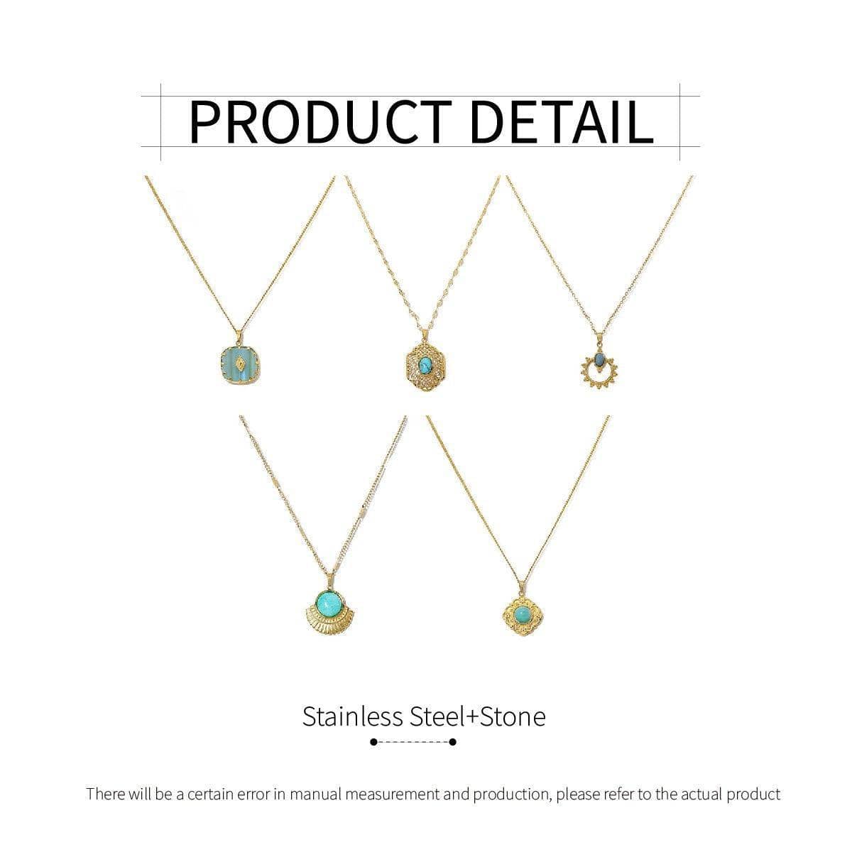 Natural Stone Pendant Necklace - Aqua Round Stone, Gold Flower Setting - view 4