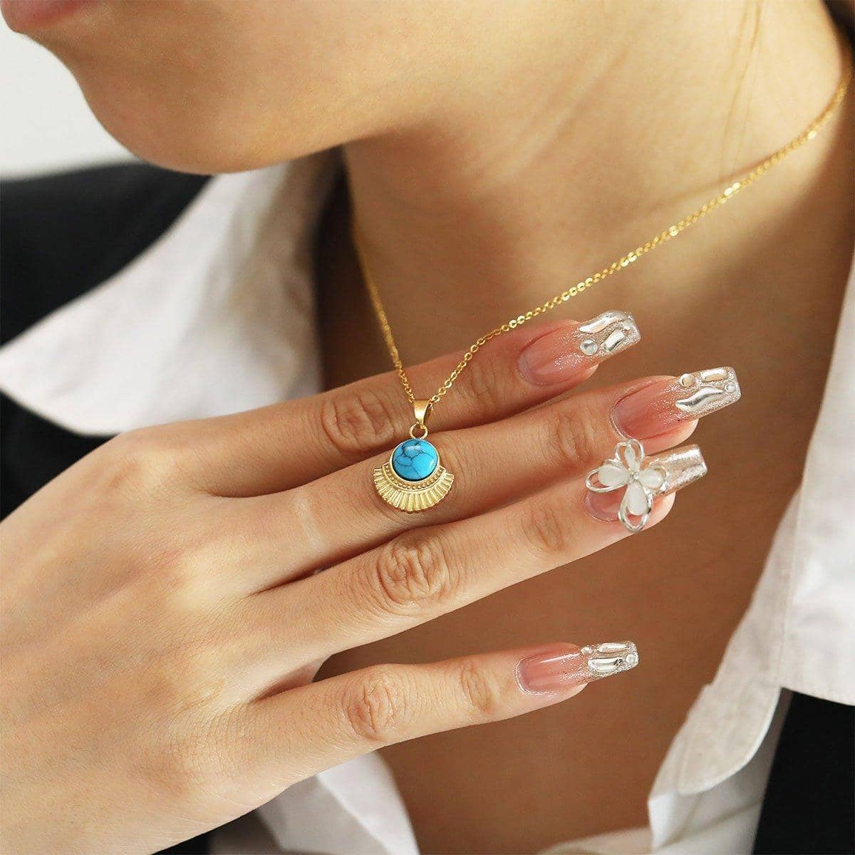Natural Stone Pendant Necklace - Aqua Round Stone, Gold Flower Setting - view 5
