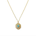 Natural Stone Pendant Necklace - Turquoise Oval Stone, Gold Filigree Frame