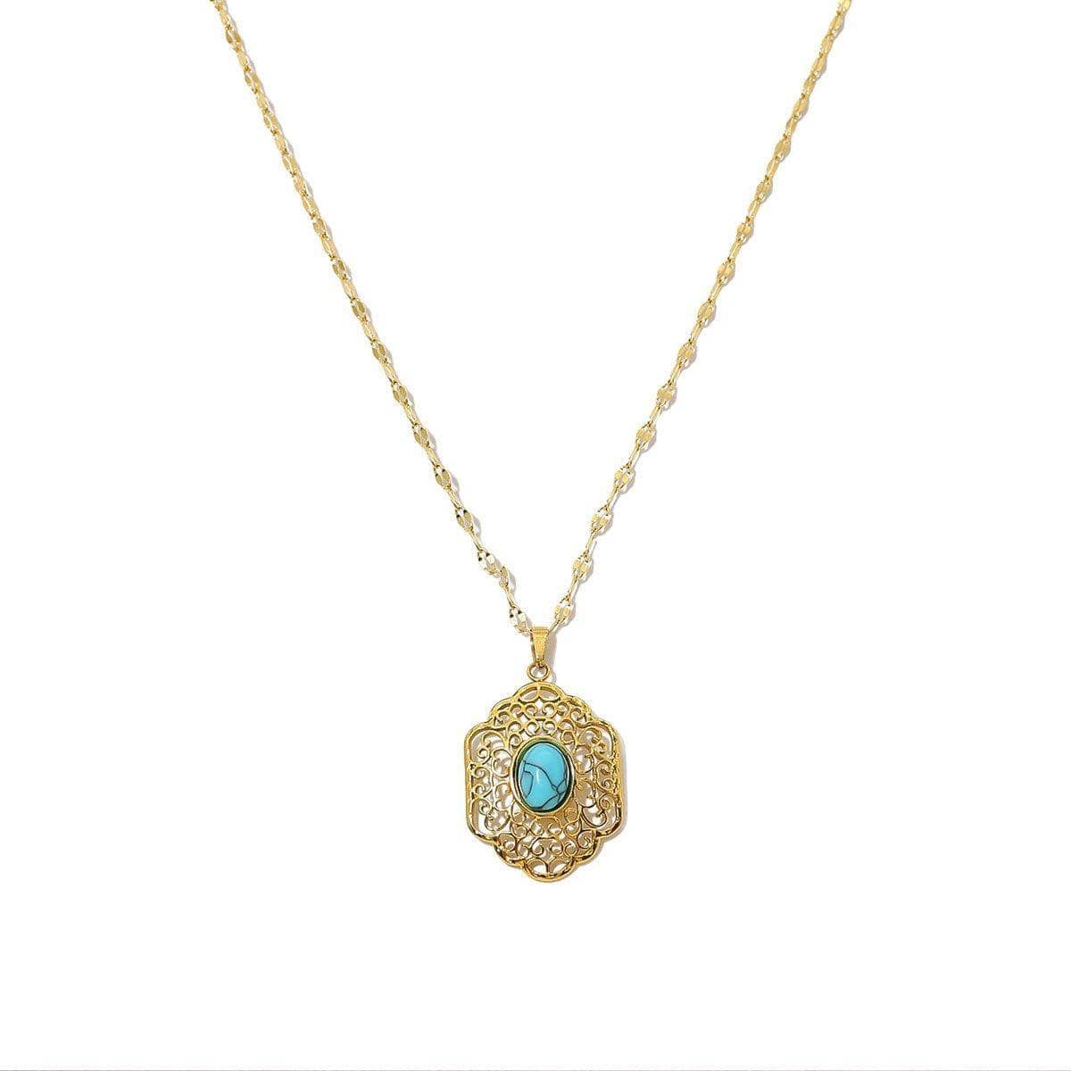Natural Stone Pendant Necklace - Turquoise Oval Stone, Gold Filigree Frame