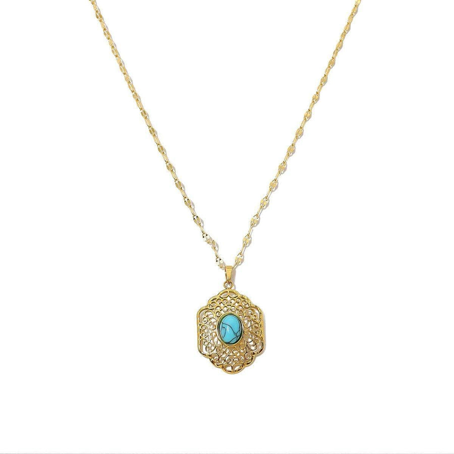 Natural Stone Pendant Necklace - Turquoise Oval Stone, Gold Filigree Frame