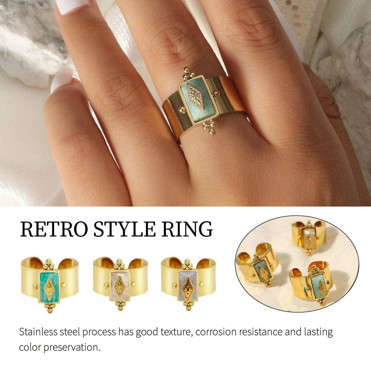 Natural Stone Ring in Titanium Steel - Grey - view 2