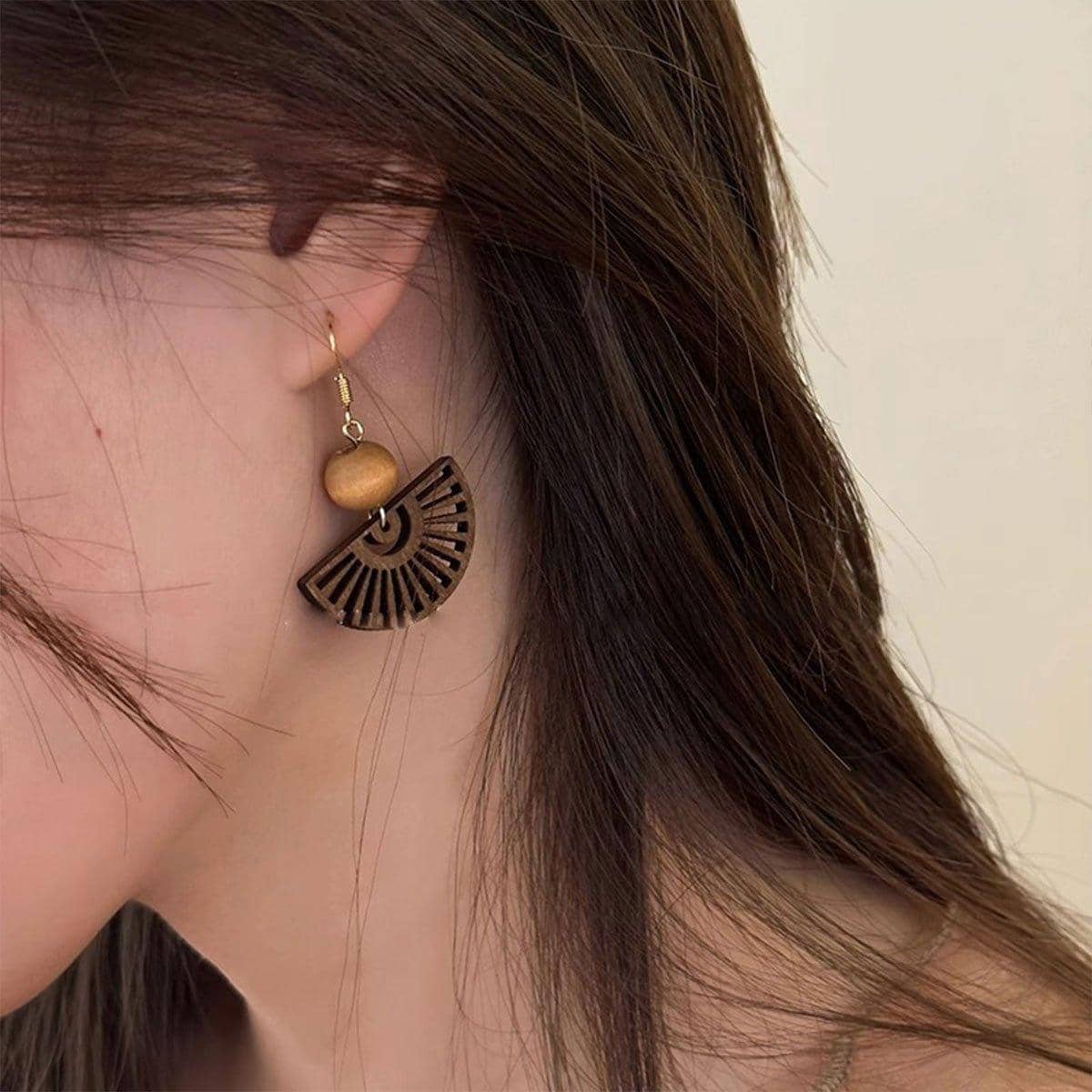 Natural Wood Chinese Fan Earrings for Women - view 5