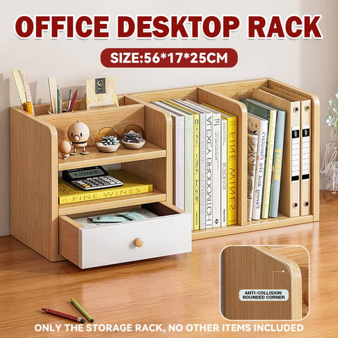 Natural Wood Office Desktop Storage Rack with Drawer
