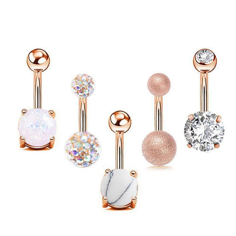Navel Belly Bar Rings with Crystal Stones, Pack of 5 - Rose Gold