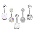 Navel Belly Bar Rings with Crystal Stones, Pack of 5 - Silver