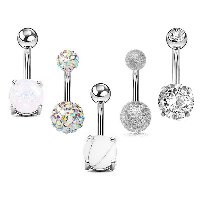 Navel Belly Bar Rings with Crystal Stones, Pack of 5 - Silver