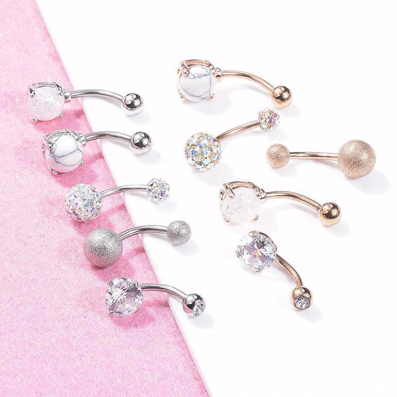 Navel Belly Bar Rings with Crystal Stones, Pack of 5 - Silver - view 4