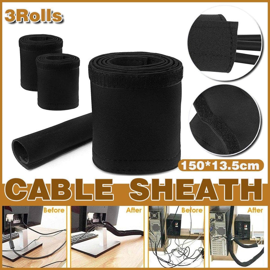 Neoprene Cable Management Sleeve with Hook and Loop Closure - Set of 3 Rolls, Black