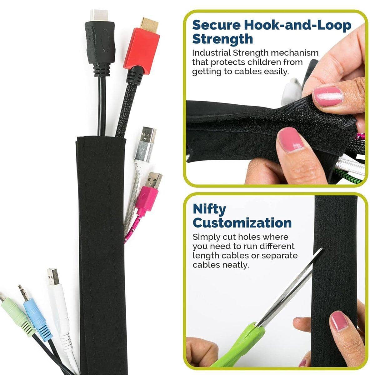 Neoprene Cable Management Sleeve with Hook and Loop Closure - Set of 3 Rolls, Black - view 4