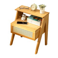 Nightstand with Drawer and Open Shelf, Natural Wood and Rattan Bedside Table - view 2