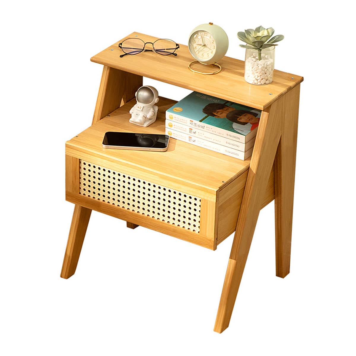 Nightstand with Drawer and Open Shelf, Natural Wood and Rattan Bedside Table - view 2