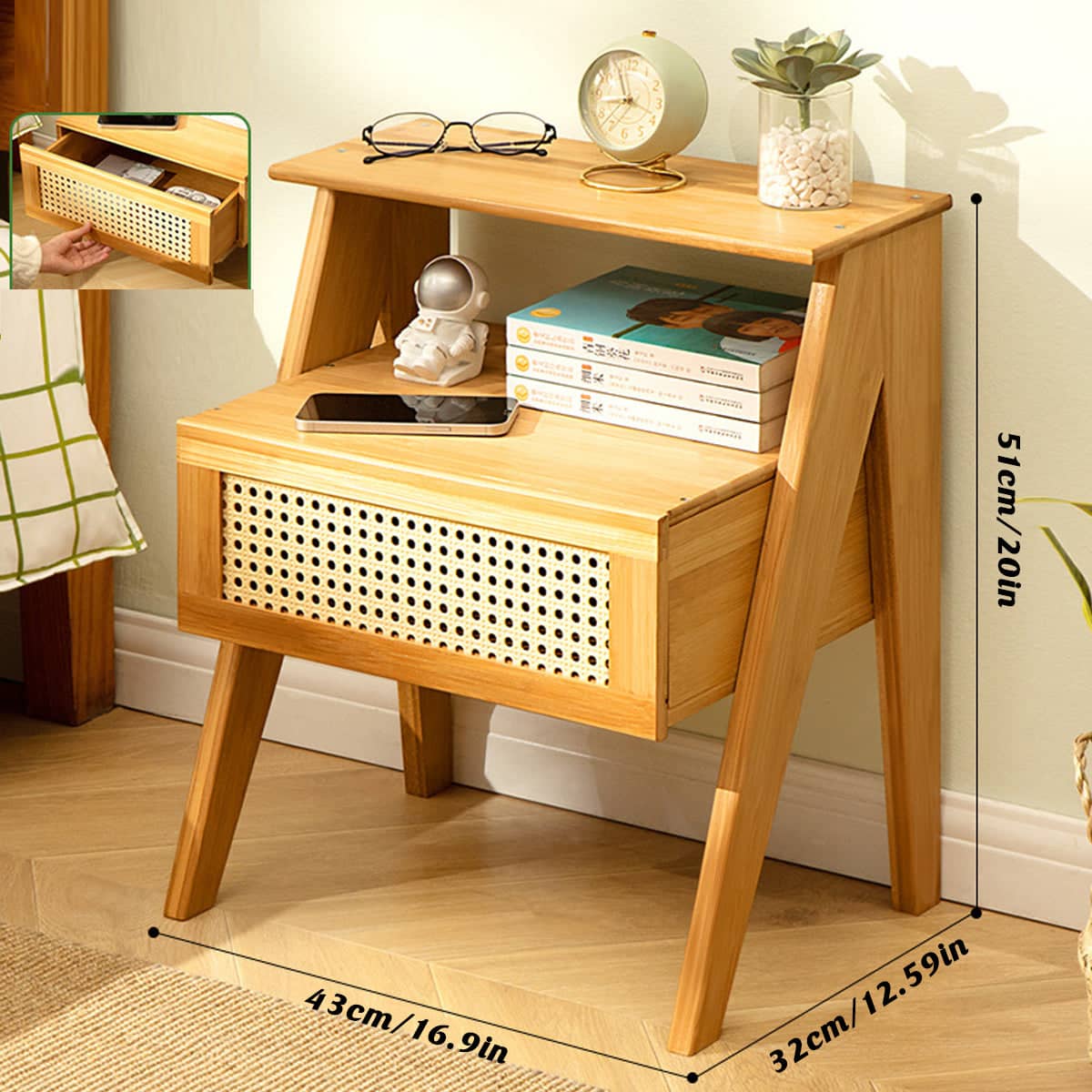Nightstand with Drawer and Open Shelf, Natural Wood and Rattan Bedside Table - view 3