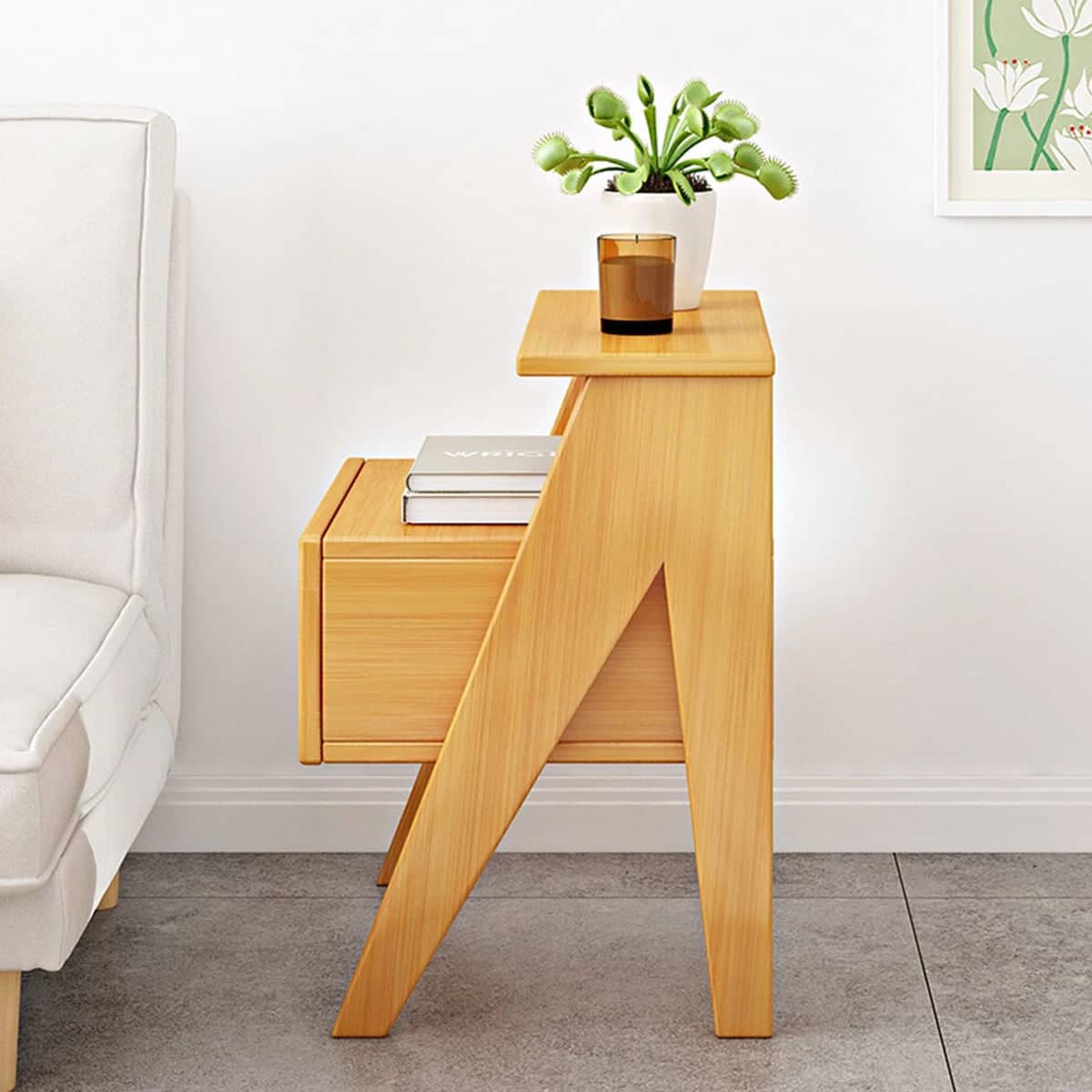 Nightstand with Drawer and Open Shelf, Natural Wood and Rattan Bedside Table - view 4