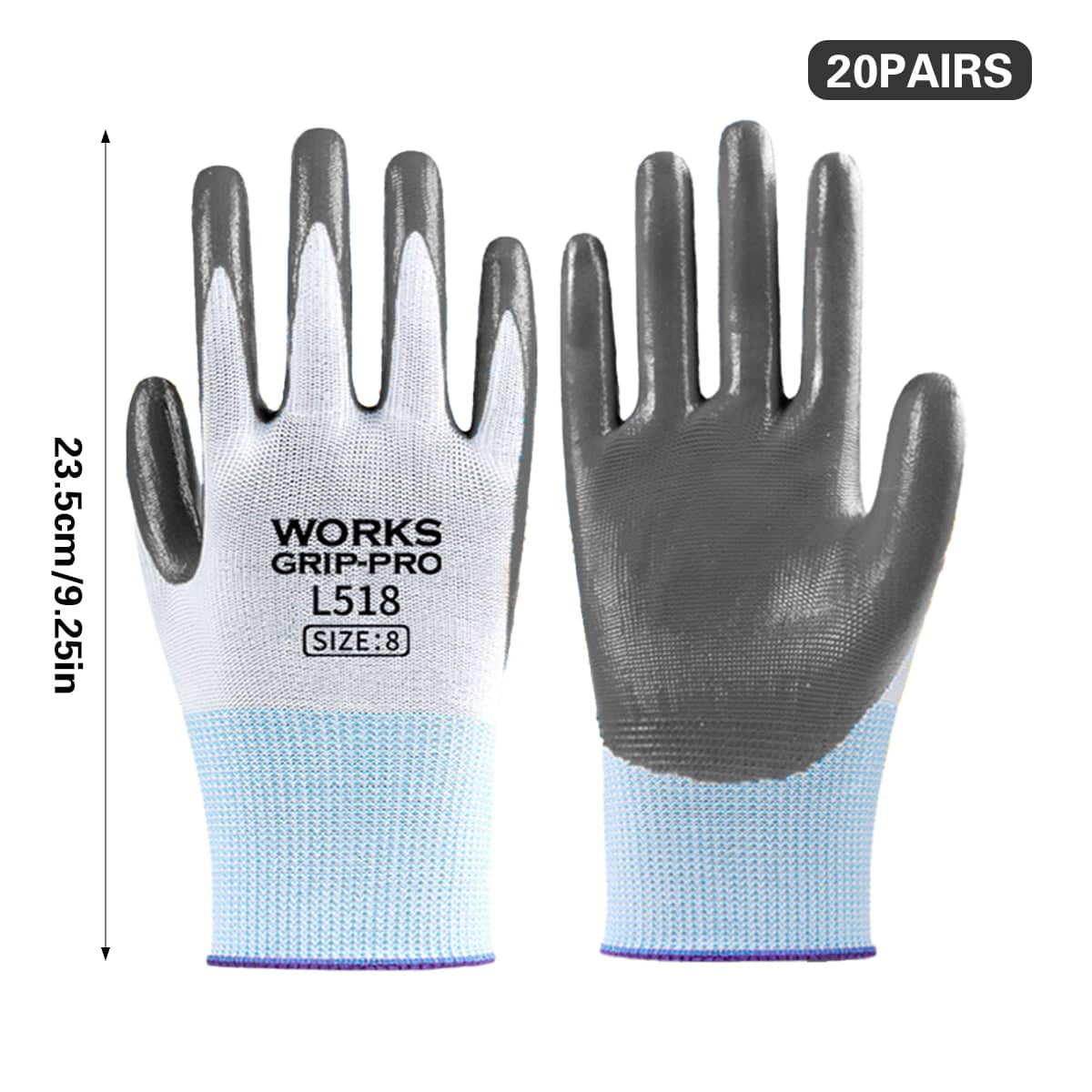 Nitrile Coated Work Gloves Non Slip Wear Resistant, Pack of 20 Pairs, Size 8 (23.5 cm) - view 3
