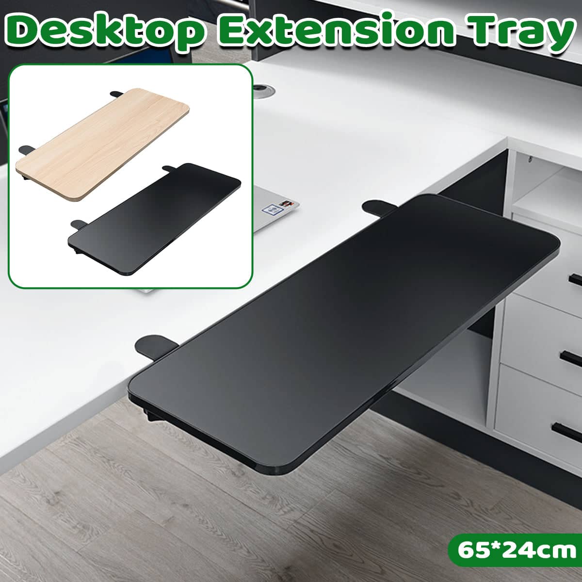 No Drill Desk Extension Tray Clamp on Foldable Shelf - Large 65cm, Natural Wood