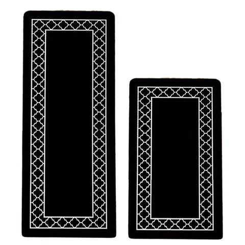 Non-Slip Absorbent Floor Mat Set, 2 Piece - Black with White Trellis Border