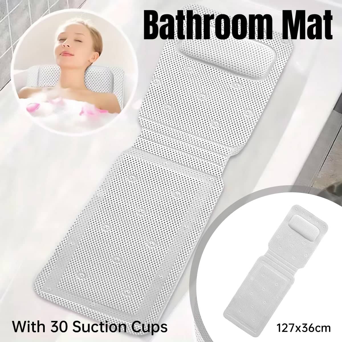 Non Slip Bathtub Mat with 30 Suction Cups, Built-In Headrest and Soft Surface