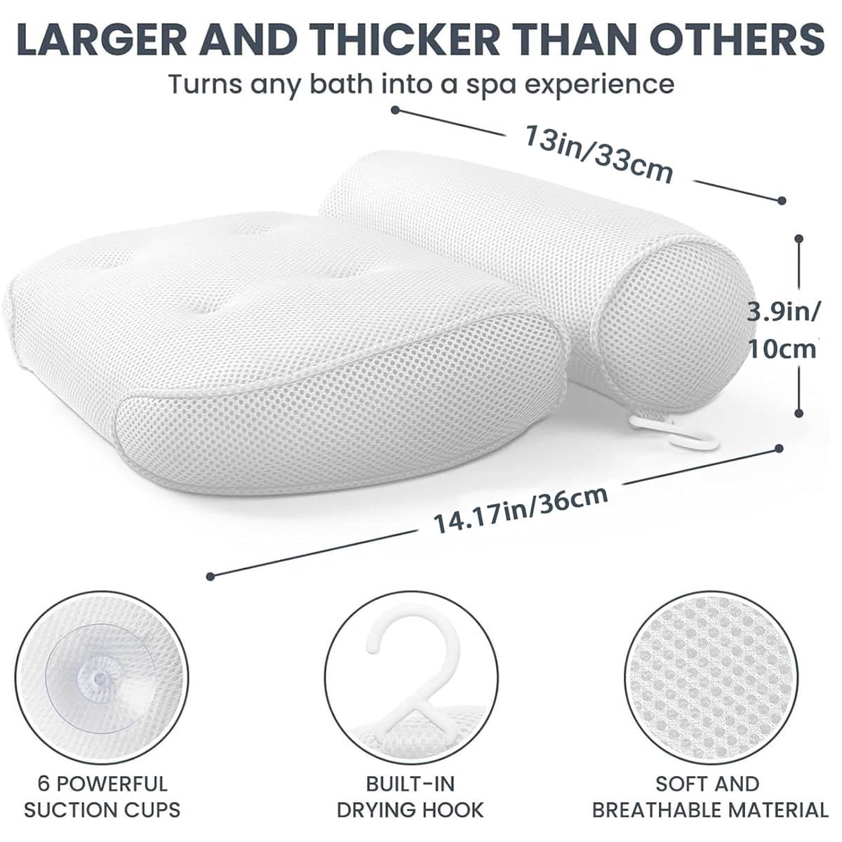 Non-Slip Bathtub Pillow with 6 Suction Cups, 3D Mesh - Blue - view 4