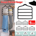 Non-Slip Flocking Pants Rack Multi-Layer Wardrobe Hanger - Black, Pack of 5