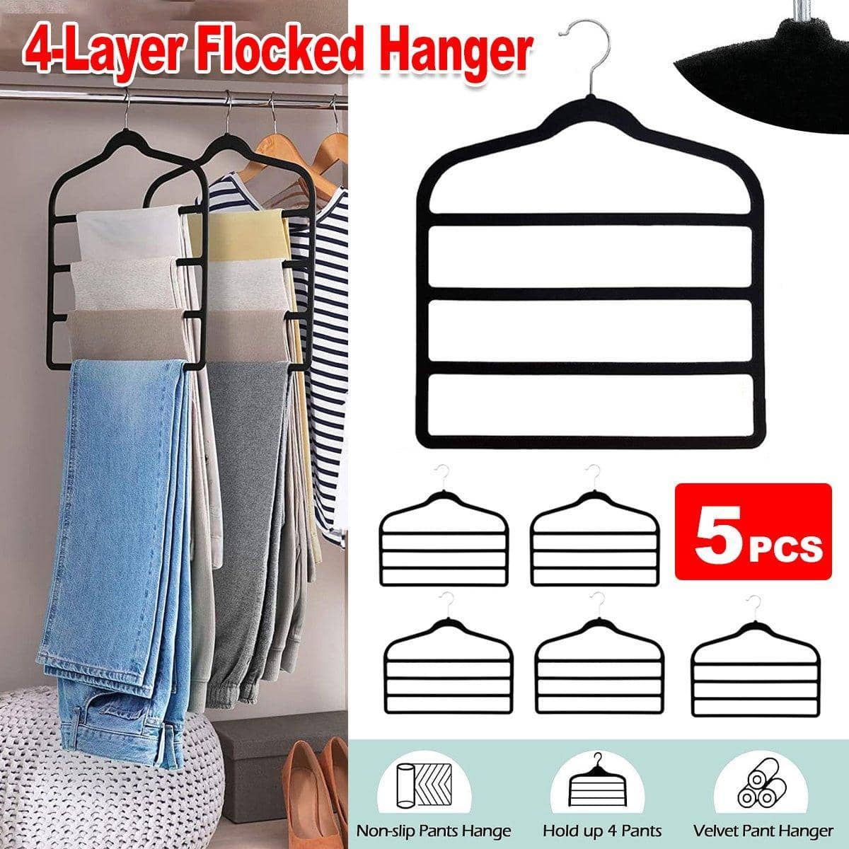 Non-Slip Flocking Pants Rack Multi-Layer Wardrobe Hanger - Black, Pack of 5