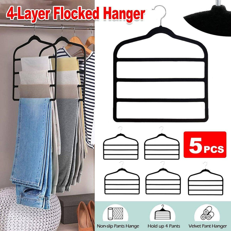 Non-Slip Flocking Pants Rack Multi-Layer Wardrobe Hanger - Black, Pack of 5