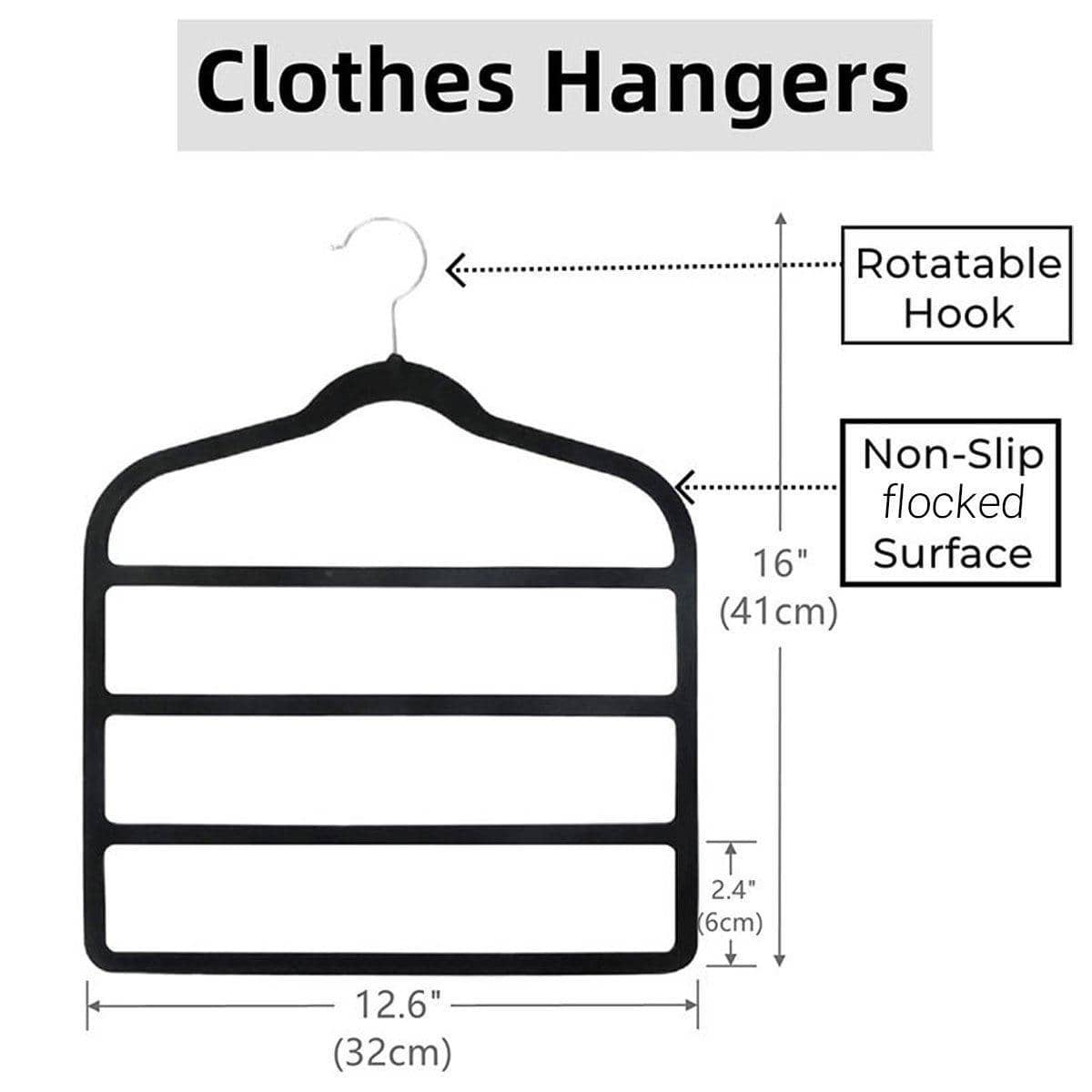 Non-Slip Flocking Pants Rack Multi-Layer Wardrobe Hanger - Black, Pack of 5 - view 3