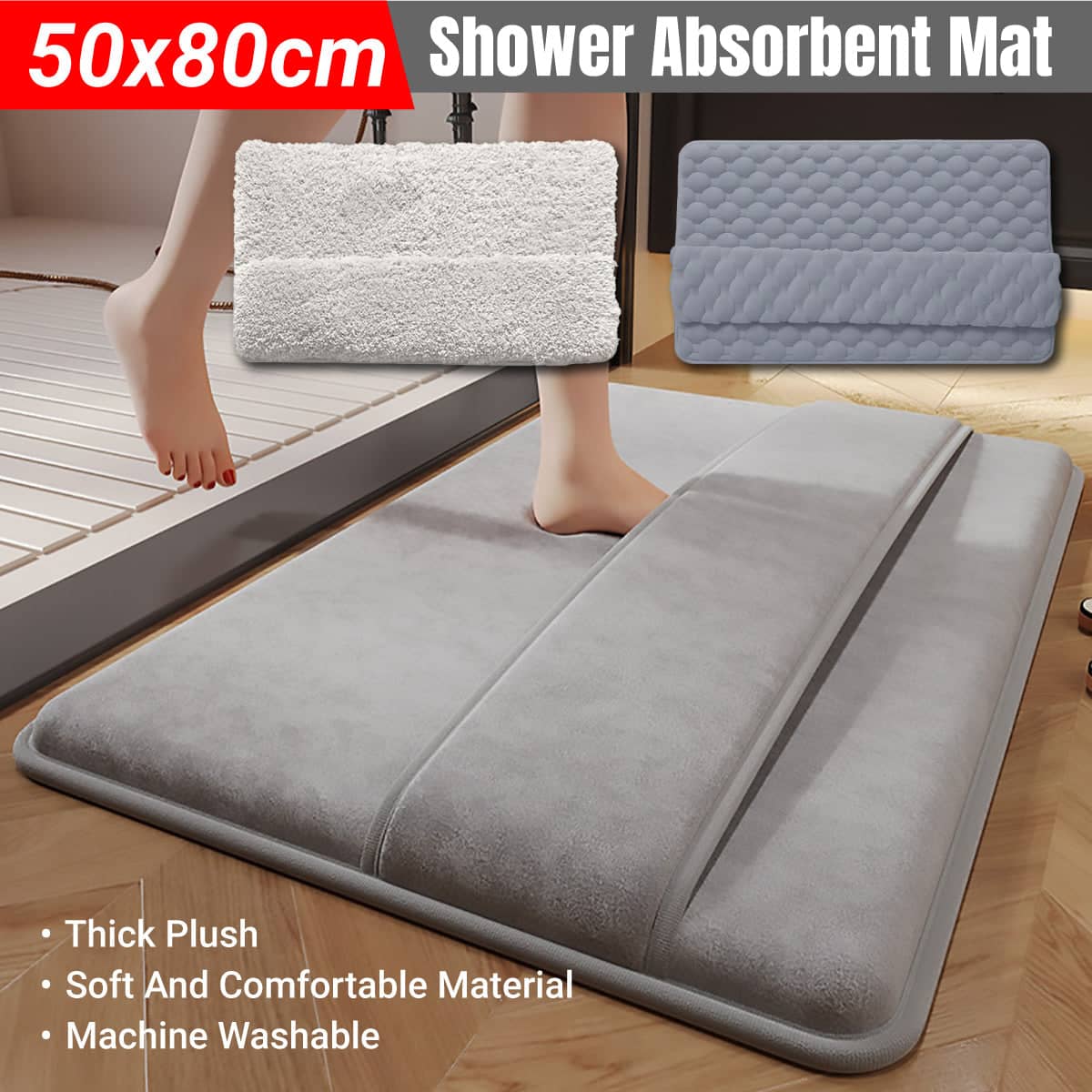 Non-Slip Shower Absorbent Bath Mat, Quick Dry Soft Plush - Dark Grey - view 2