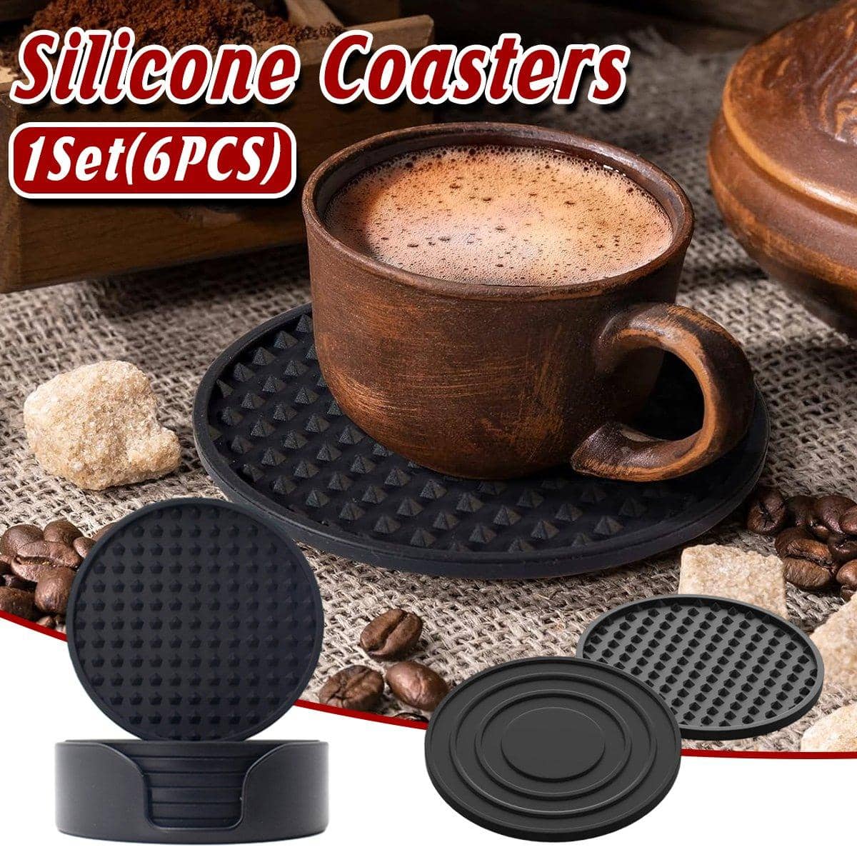 Non Slip Silicone Coasters Set of 6, Heat Resistant Table Mats - Black