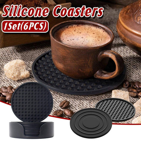 Non Slip Silicone Coasters Set of 6, Heat Resistant Table Mats - Black