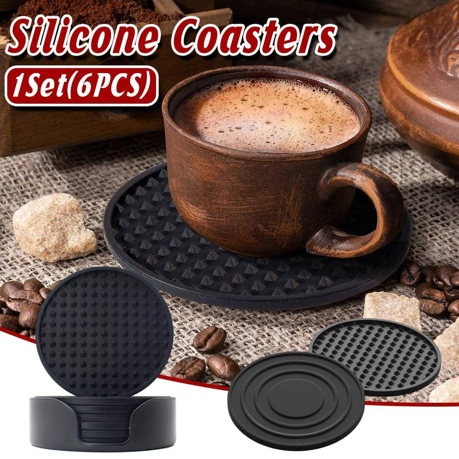 Non Slip Silicone Coasters Set of 6, Heat Resistant Table Mats - Black