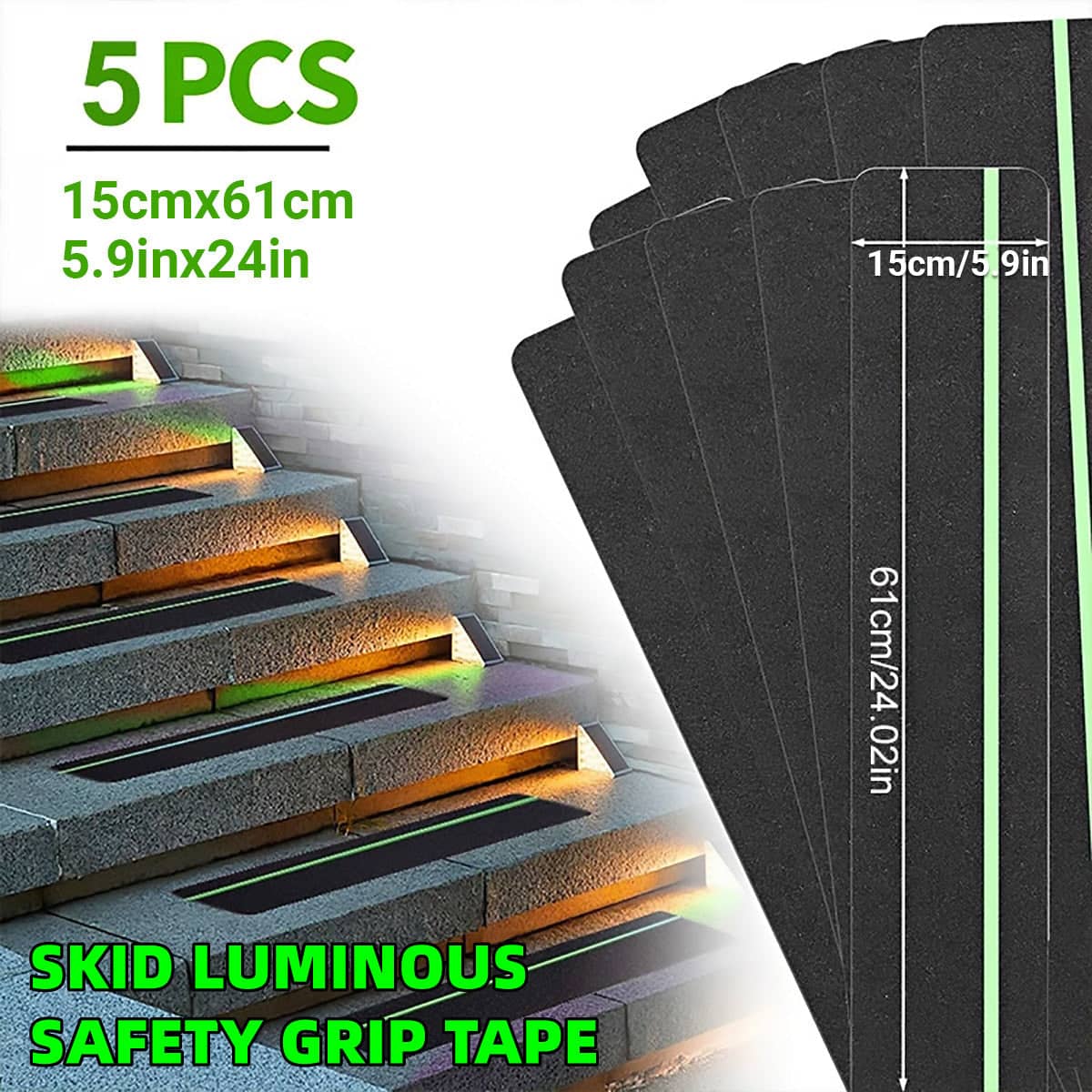 Non-Slip Stair Grip Tape Strips, Textured Sand Adhesive, Pack of 5