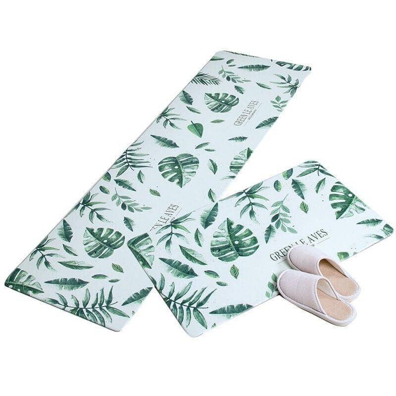 Non-Slip Waterproof Kitchen Floor Mat, 45 x 120 cm - Green Leaf Print